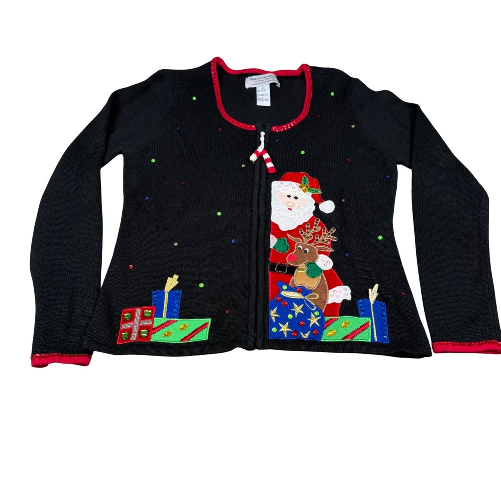 Tiara International Christmas Collection Santa Reindeer Zip Cardigan Small Black